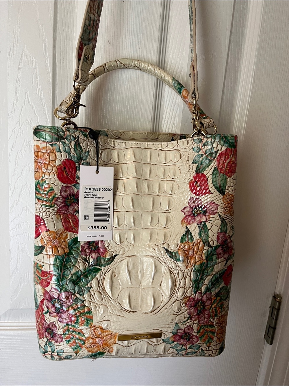 NEW WITH TAG Brahmin Cream Floral Embossed Croc Satchel-~3 FullEyes